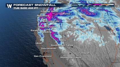 More Snow for California & Oregon into Tuesday