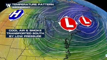 Low Pressure Transports Cool Air & Smoke to the Northern U.S.